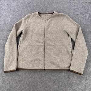 Textured Knit Sweater Womens Large Beige Full Zip Collarless Cozy Cardigan Top